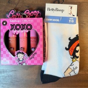 Betty Boop Limited Edition XOXO Lip Gloss Trio Set & 1 Pr Betty Boop Crew Socks